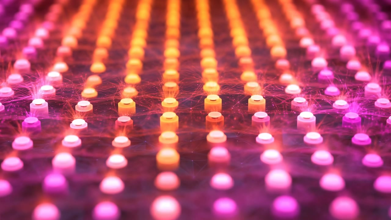 Luci LED futuristiche che cambiano colore dinamicamente in un ambiente scuro, con vivaci tonalità arancioni e rosa. Le luci, realizzate in plastica o vetro, offrono un'estetica moderna e pulita.