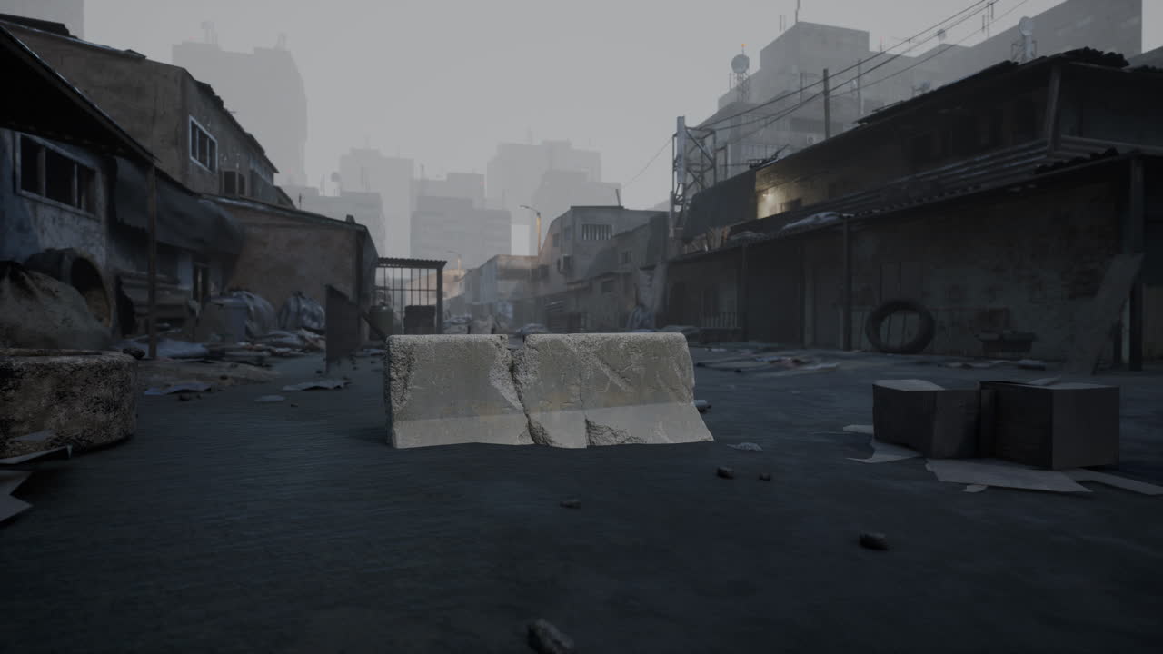 흐린 날씨 에 황폐 한 도시 풍경 에서 버려진 도시 거리