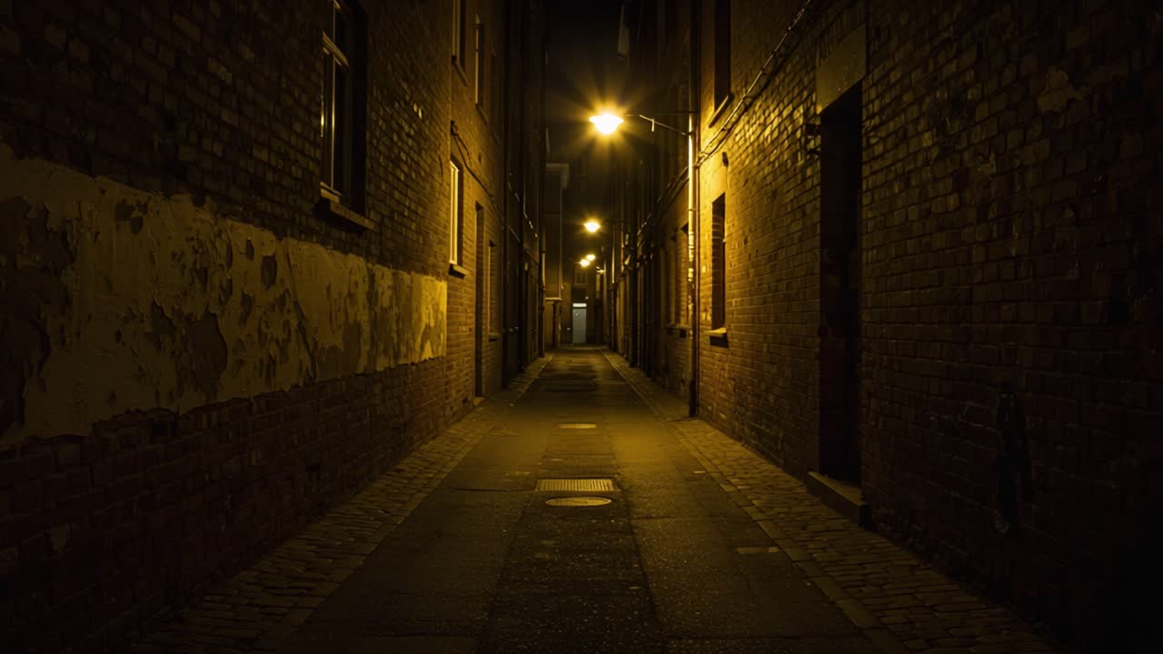 Mysterious Nighttime Alleyway Illuminated by Streetlights, Capturing the Eerie Atmosphere and Shadows of an Urban Environment