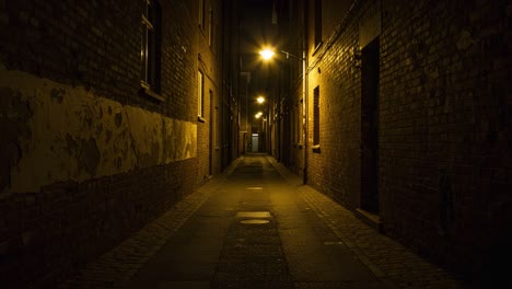 Mysterious Nighttime Alleyway Illuminated by Streetlights, Capturing the Eerie Atmosphere and Shadows of an Urban Environment