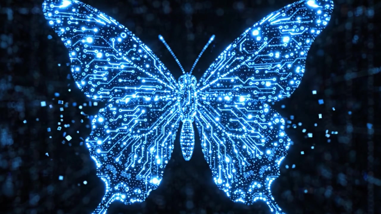 A Stunning Display of Digital Art Unveiling a Vibrant Blue Butterfly, Symbolizing Transformation and Technology in Harmonious Fusion with Abstract Elements