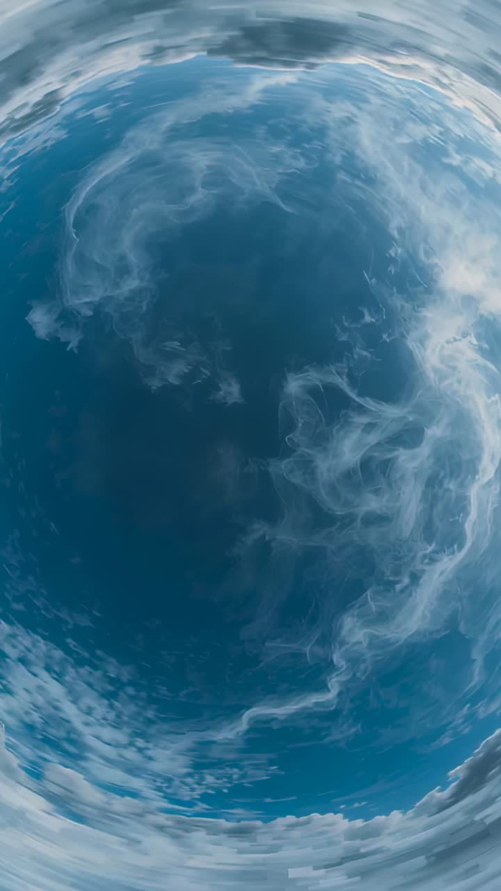 Vertical video: Warping fisheye swirl rotating to blue center above curved horizon, creating tunnel