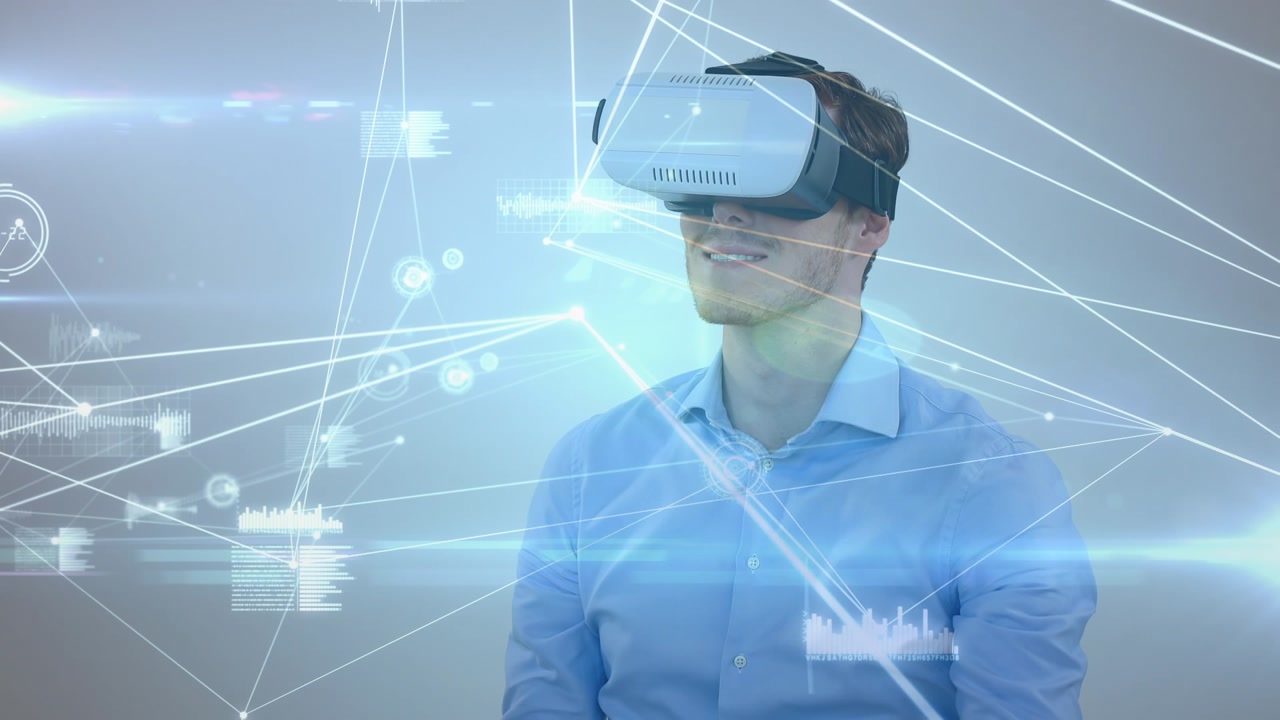 Animation of network of connections over caucasian businessman wearing vr headset