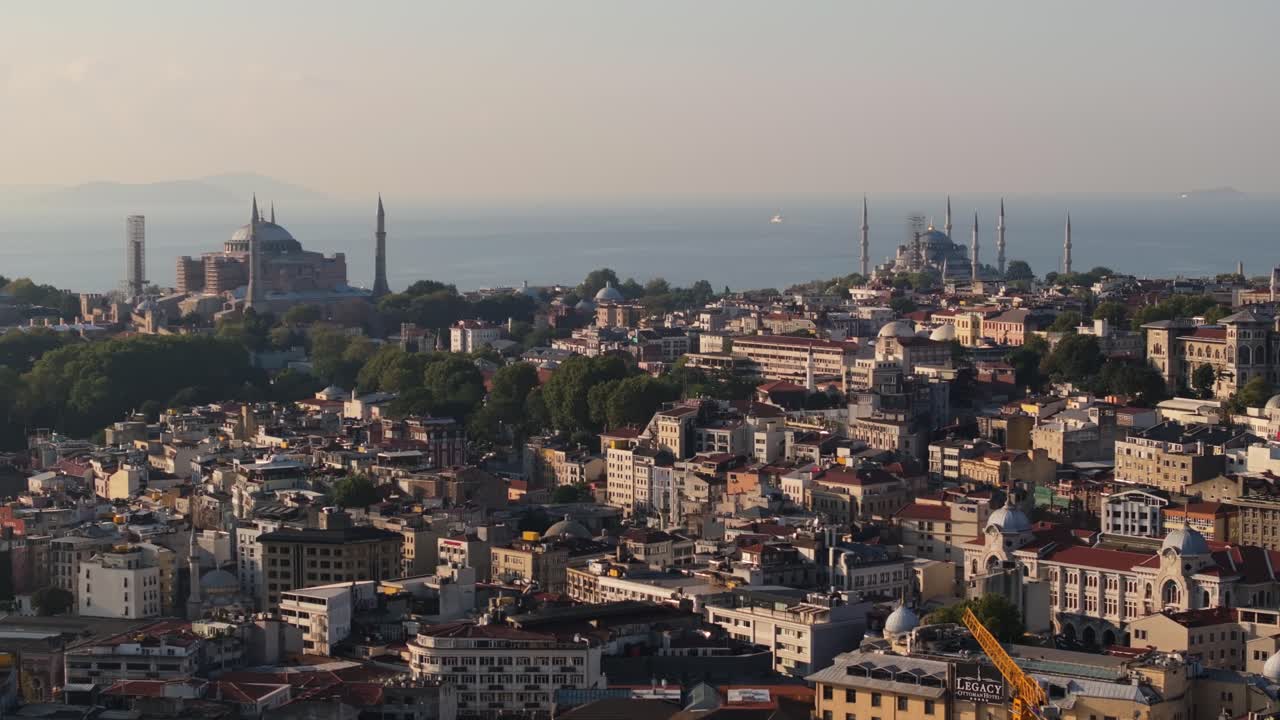 Beautiful Aerial View of Blue Mosque and Hagia Sophia Grand Mosque at Sunrise