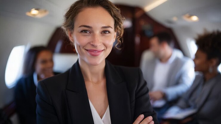 Confident Businesswoman Smiling in Private Jet Setting the Stage for Positive Networking Experience with Colleagues, Showcasing Professionalism and Friendly Atmosphere on a Luxurious Flight