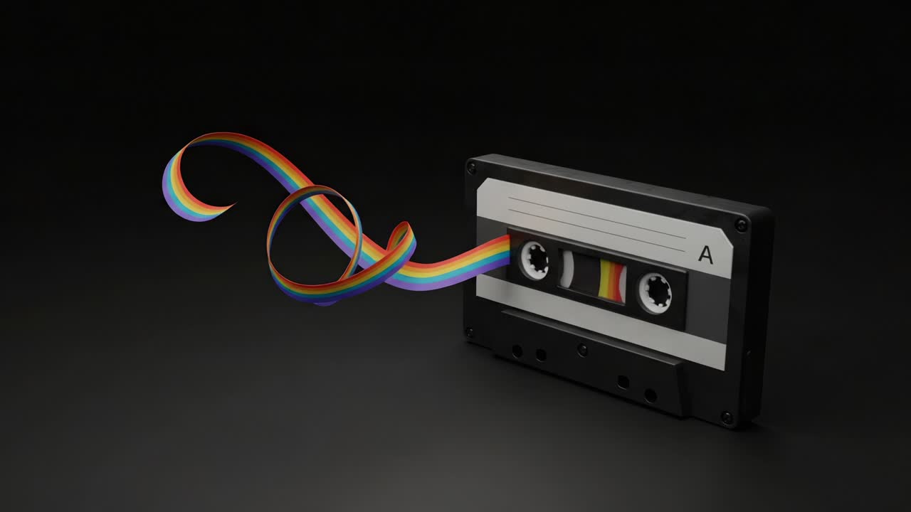 A captivating visual representation of a retro cassette tape, showcasing vibrant colors that elegantly flow from its open side, evoking nostalgia for vintage music media