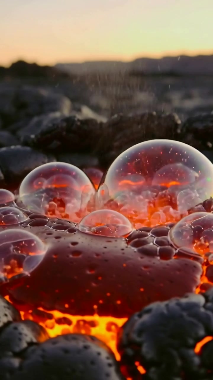 Video verticale: Pozza di lava che forma cupole trasparenti in un campo di lava al tramonto, con la pressione crescente che spinge il gas.