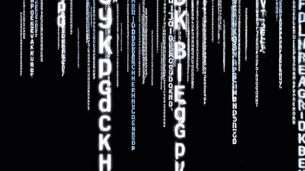 Rows of luminous characters extend downward across dark space while oversized foreground letters pass through view, creating layered depth with bright white highlights and cool blue accents.