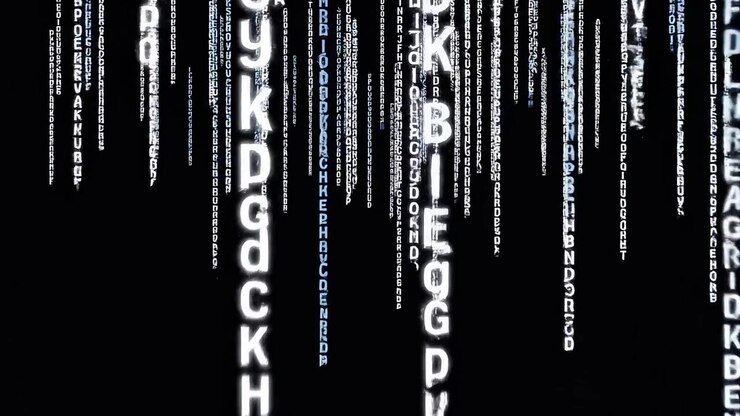 Rows of luminous characters extend downward across dark space while oversized foreground letters pass through view, creating layered depth with bright white highlights and cool blue accents.