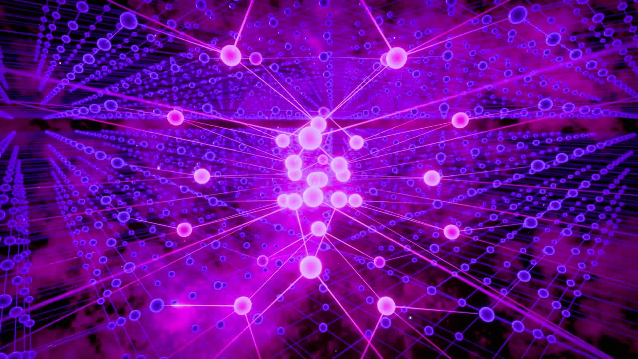 Dynamic Abstract Network of Glowing Purple Spheres and Lines