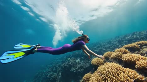 marine scientist diving near vibrant coral reef, wearing purple wetsuit, examining underwater ecosystem and releasing gentle air bubbles around colorful marine environment