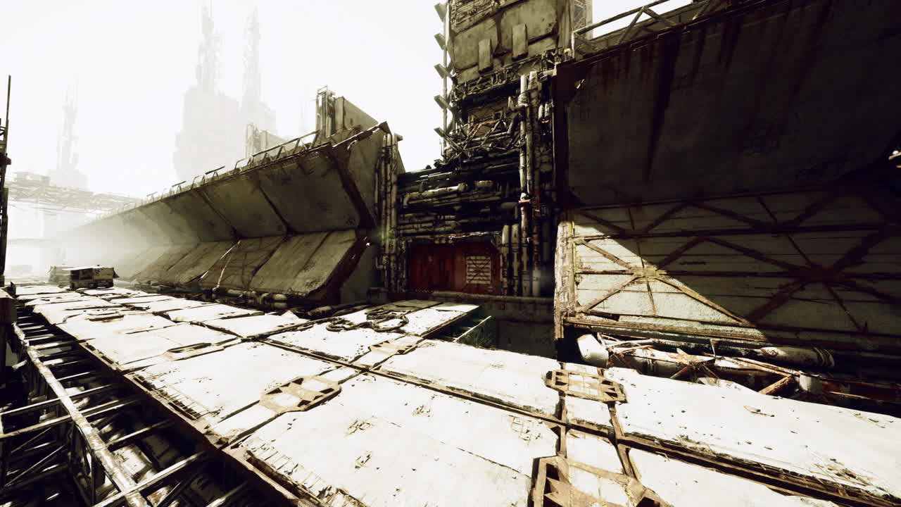 Industrial complex with large structures and equipment in a futuristic setting