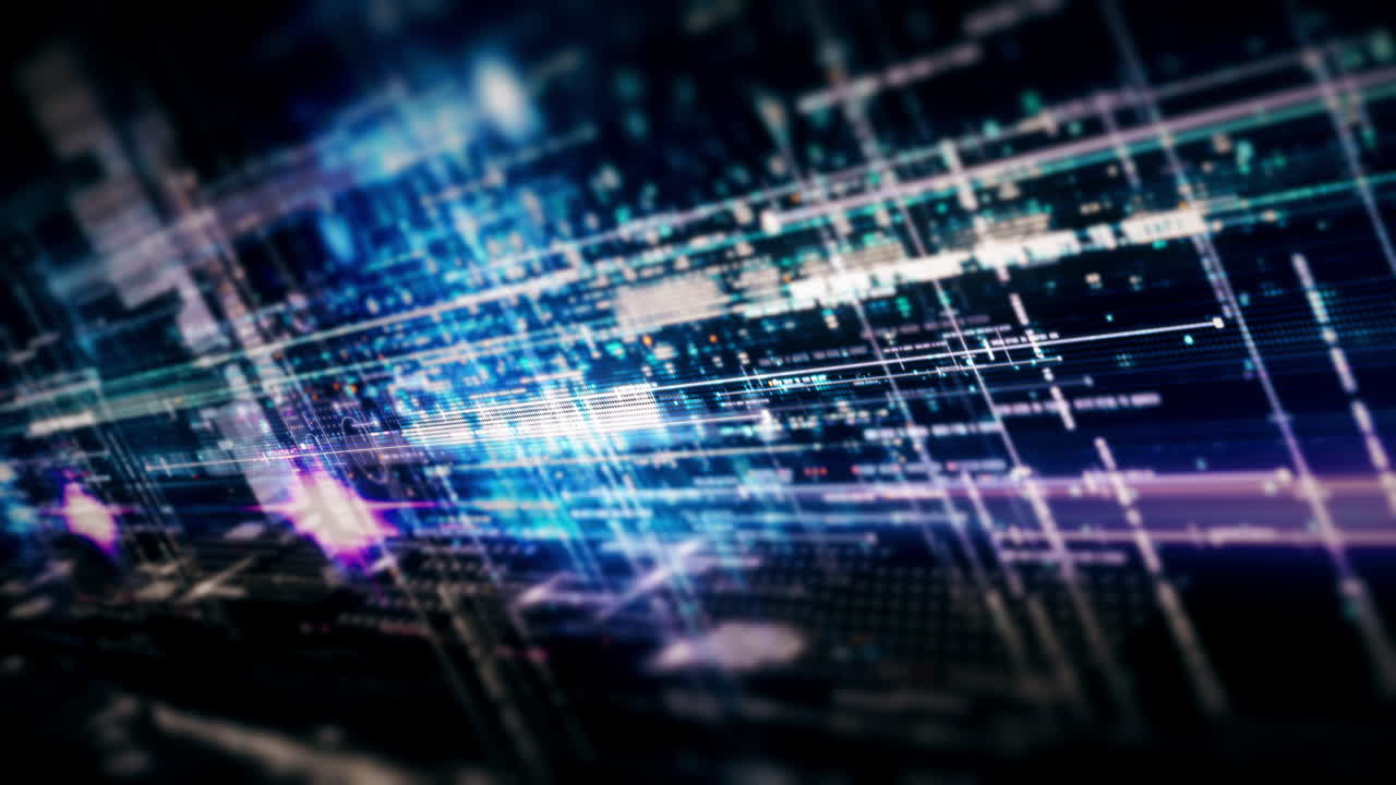 Futuristic abstract de-focus flowing data matrix, meta, metaverse, telemetry and encrypt numbers display with particles simulation in cyber space environment for head up display background