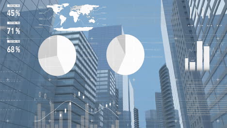 animation of financial data processing over cityscape