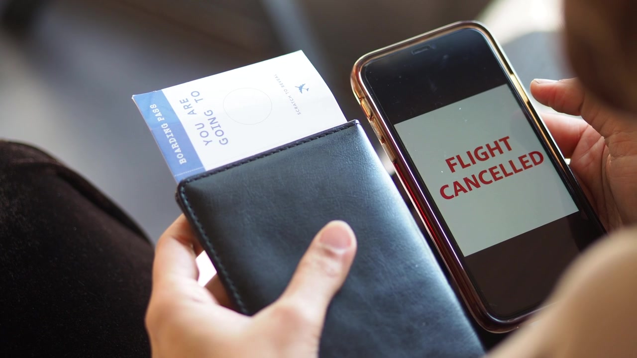 Persona che tiene in mano carta d'imbarco e telefono con messaggio di volo cancellato