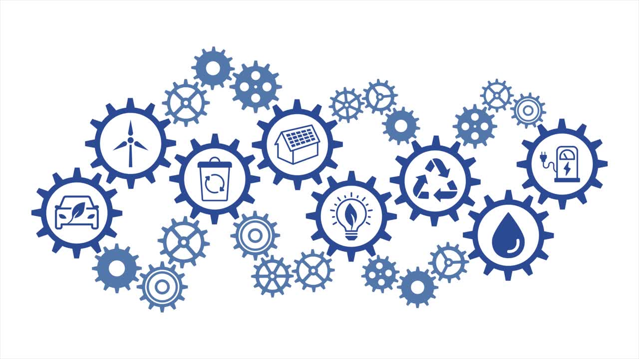 иконы возобновляемой энергии. графика движения. механизм передач. вращающиеся передачи.