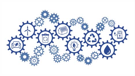 iconos de energía renovable. gráficos de movimiento. mecanismo de engranajes. engranajes giratorios.