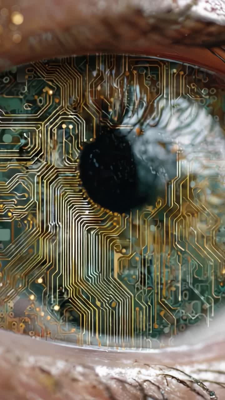 En närbild av ett mänskligt öga sammanflätat med intrikata kretsmönster, som illustrerar skärningspunkten mellan mänsklighet och teknologi i en fascinerande visuell sammansättning