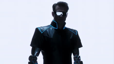 futuristic cyborg man with glowing blue lines and sunglasses