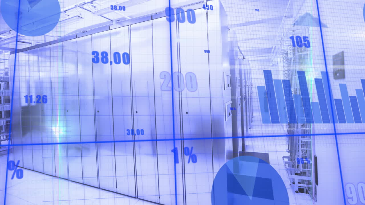 анимация нескольких графиков с изменяющимися числами на фоне серверной комнаты.