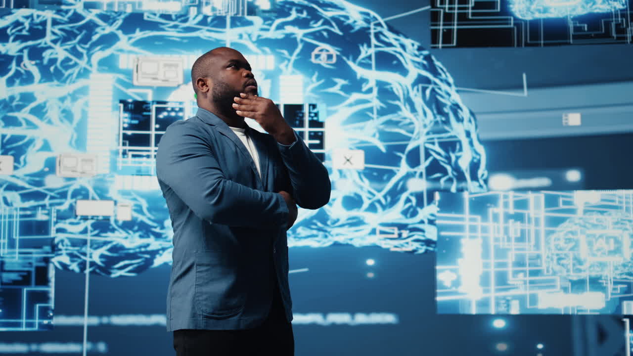 African American businessman studying digital AI brain interface