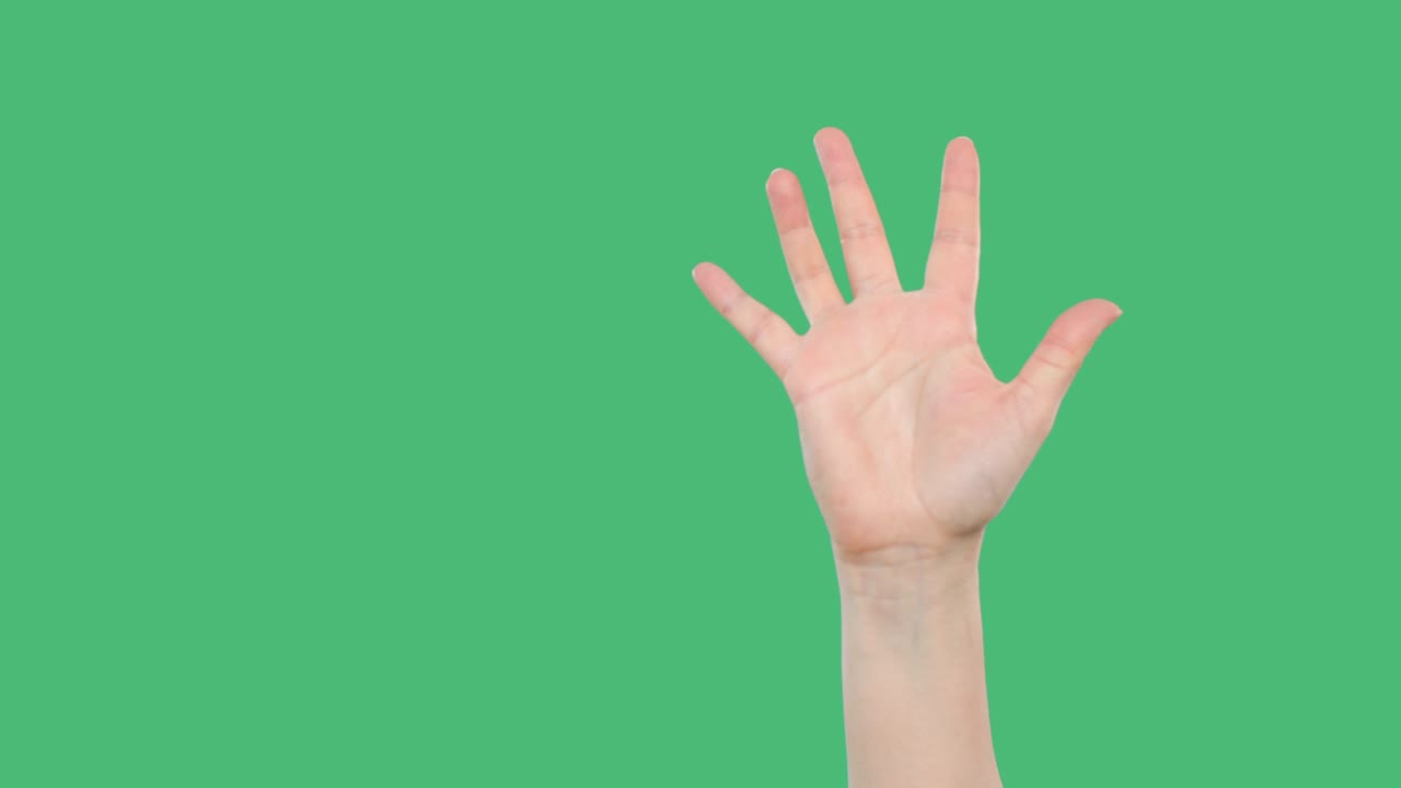 Cropped shot of person raising up hand on green background