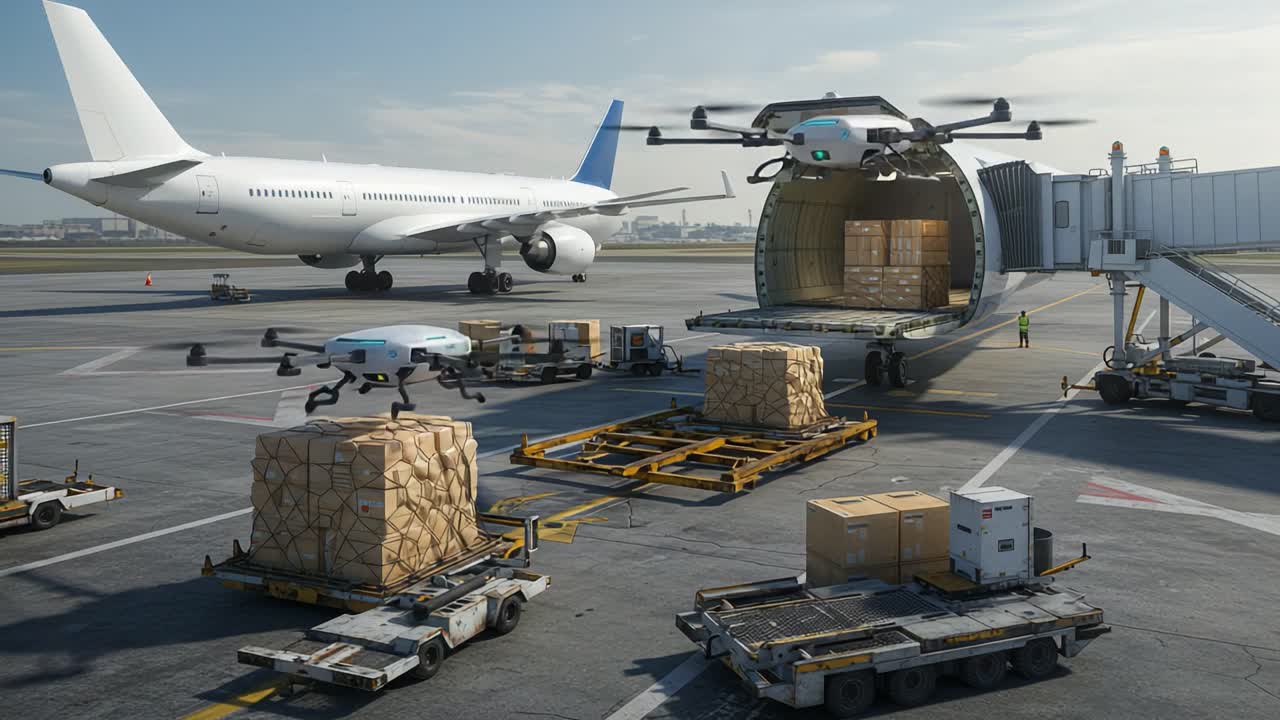 Innovative Air Cargo Operations Featuring Drones Unloading Packages at a Modern Airport with Aircraft on Tarmac and Efficient Logistics in Motion
