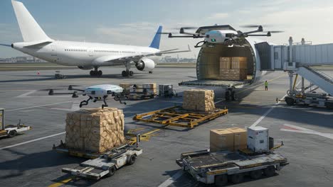 innovative air cargo operations featuring drones unloading packages at a modern airport with aircraft on tarmac and efficient logistics in motion