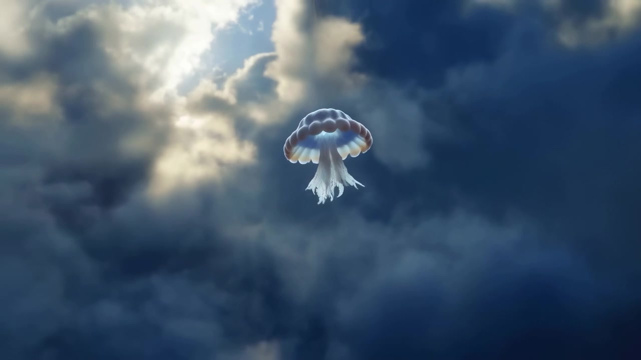 Un singolo organismo traslucido simile a una medusa che fluttua vicino al centro di un cielo tempestoso, con la campana a forma di ombrello con bordo smerlato, parte inferiore che brilla dal ciano al crema, tentacoli fibrosi che si trascinano, nuvole minacciose