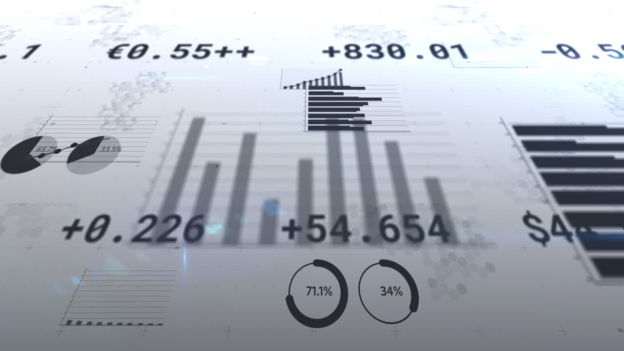 Animation of financial data processing, numbers changing and statistics