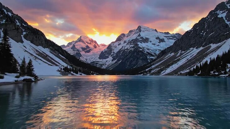 Bagliore del tramonto su montagne innevate e vista lago glaciale