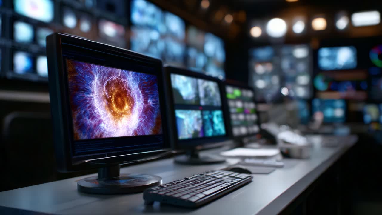 A high-tech control room filled with screens, featuring a vivid visual of cosmic explosion, capturing the essence of advanced graphics and digital displays