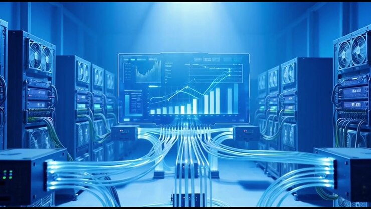 Data Center Server Room with Glowing Fiber Optic Cables and Analytics Display
