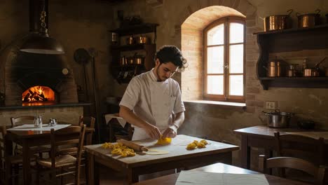 a culinary artisan crafting fresh pasta in a rustic kitchen: the art of cooking and tradition unfolding in a cozy environment
