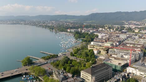 high aerial view of beautiful lake zurich in switzerland's largest city