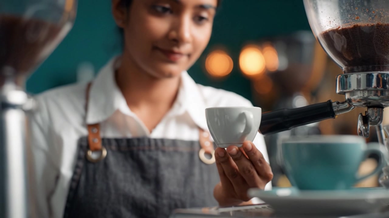 Un barista che pulisce una tazza da espresso in una caffetteria, mettendo in mostra abilità professionali nella preparazione e nel servizio di bevande di qualità ai clienti con cura e precisione.