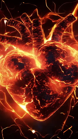 A heart is shown in a fiery, glowing light. The heart is surrounded by a dark background, with the flames and sparks emanating from it. Concept of passion, love, and intensity