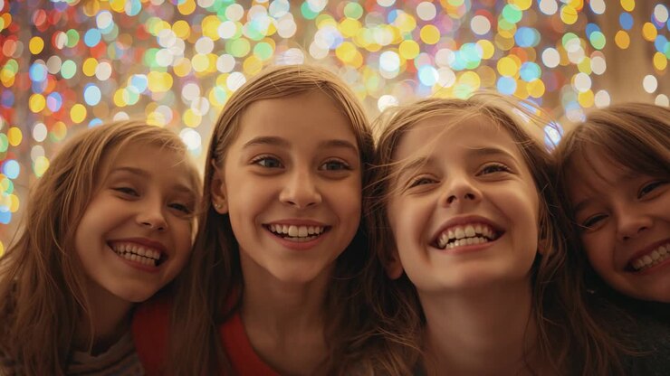 Camera starting causing children leaning toward lens and laughing in living room, with bokeh lights