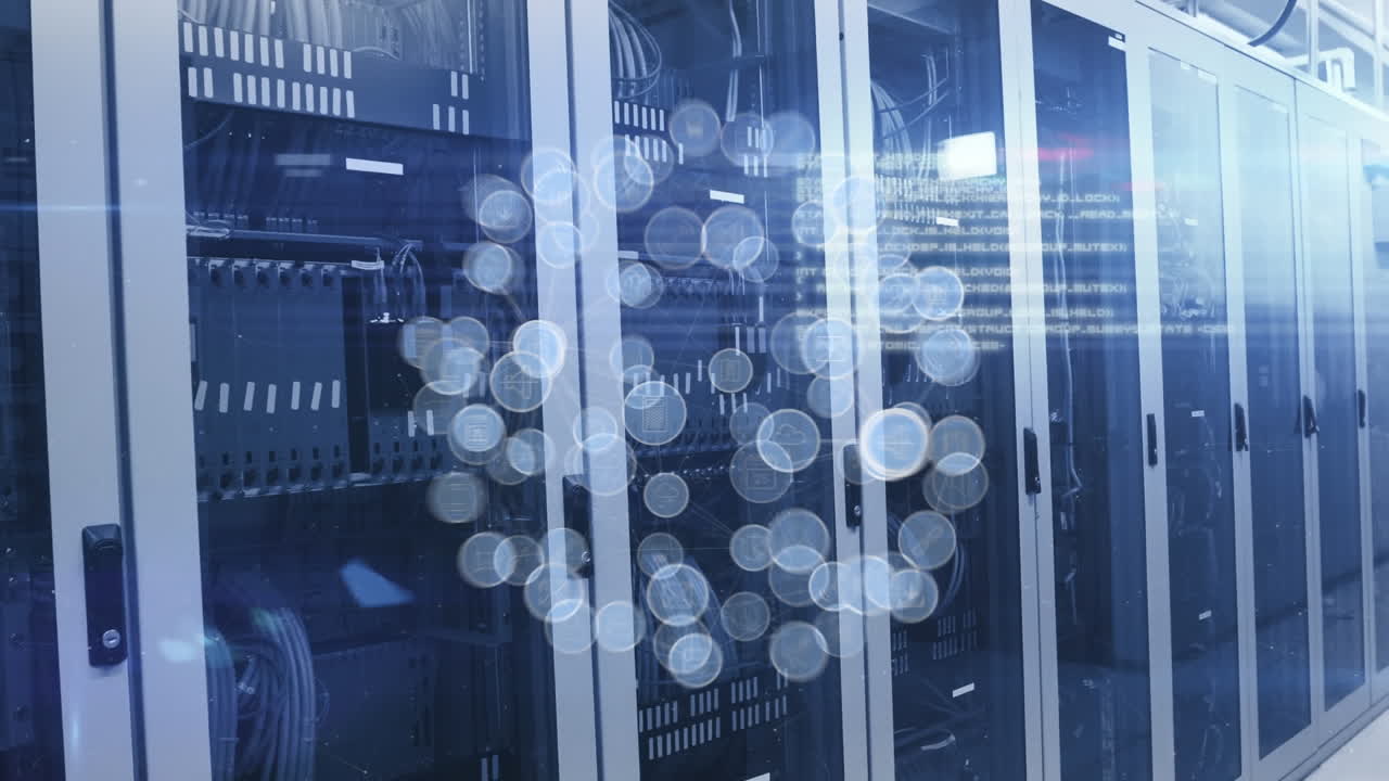 Animation of spinning globe of digital icons, data processing and light spot against server room