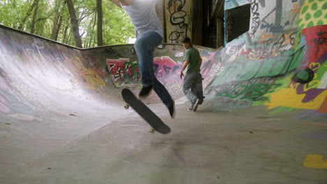 caucasian boys skateboarding in the park.