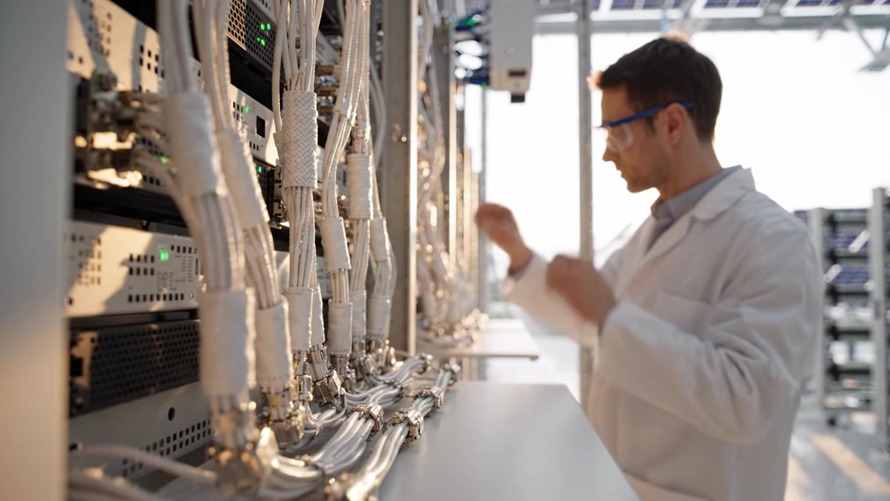 Expert Technicians Configure High-Tech Server Equipment with Interconnected Cables in a State-of-the-Art Data Center Environment, Ensuring Optimal Performance and Reliability.
