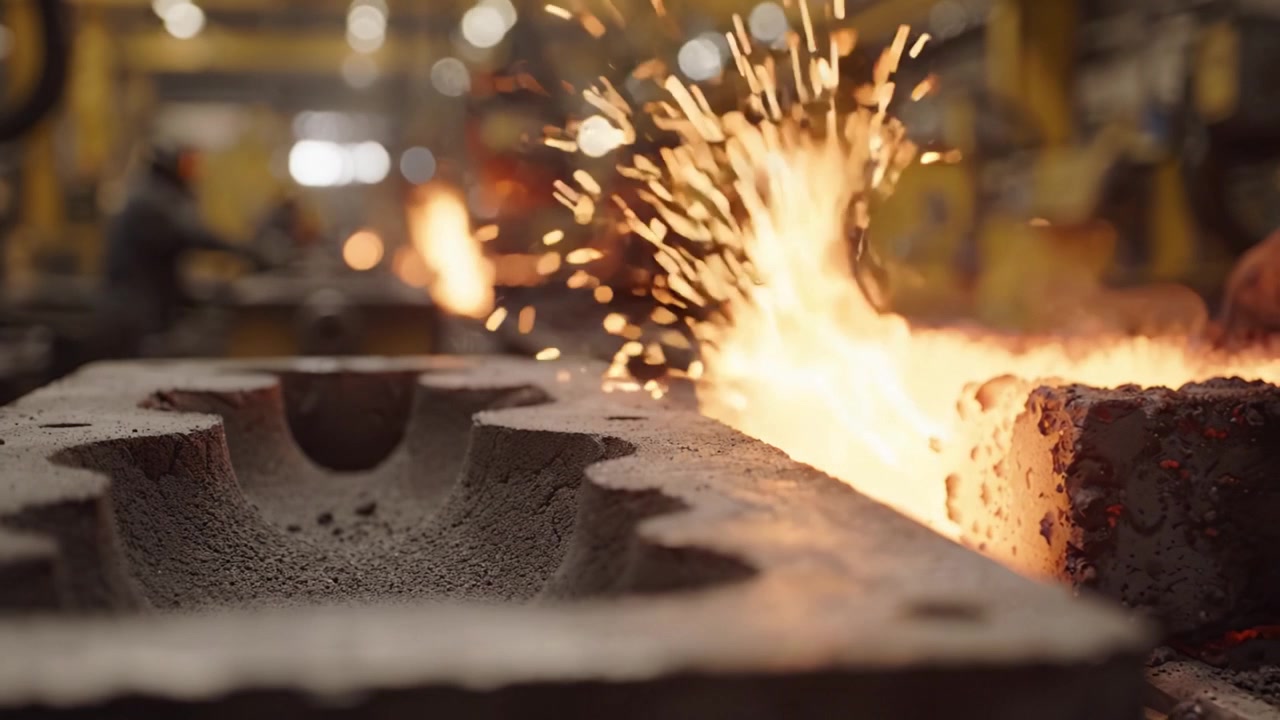 Calore intenso e artigianato di precisione: uno sguardo al processo di fonderia metallica con metallo fuso che scorre attraverso gli stampi che modellano futuri componenti industriali