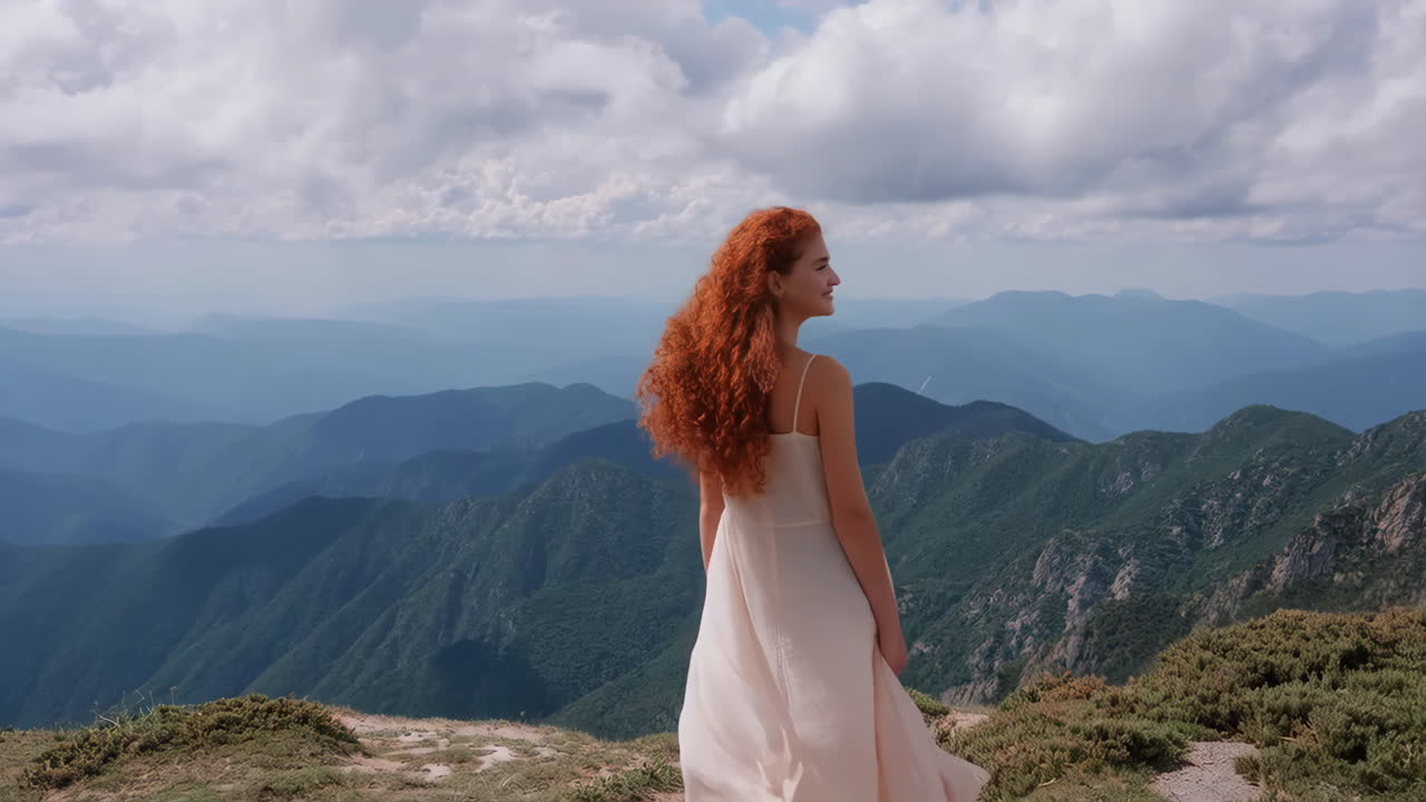 Woman with Red Hair on a Mountain Peak Overlooking a Vast Landscape
