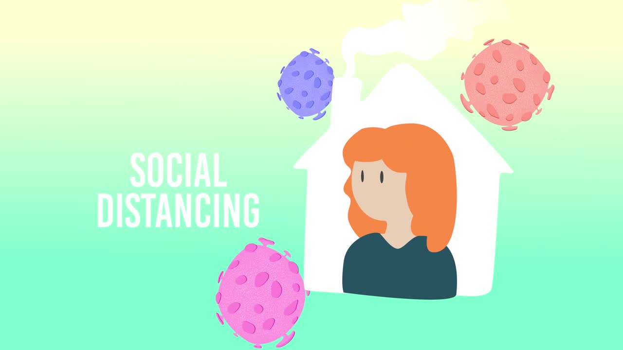 "사회적 거리두기"라는 단어, 집에 있는 사람이 녹색 배에 떠다니는 거대 코로나바이러스 세포를 가지고 있습니다.