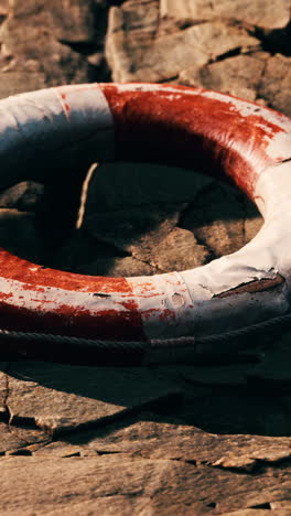 a worn red and white life preserver sits on a rocky shore