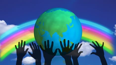 Animation-of-hands-over-globe,-rainbow-and-sky