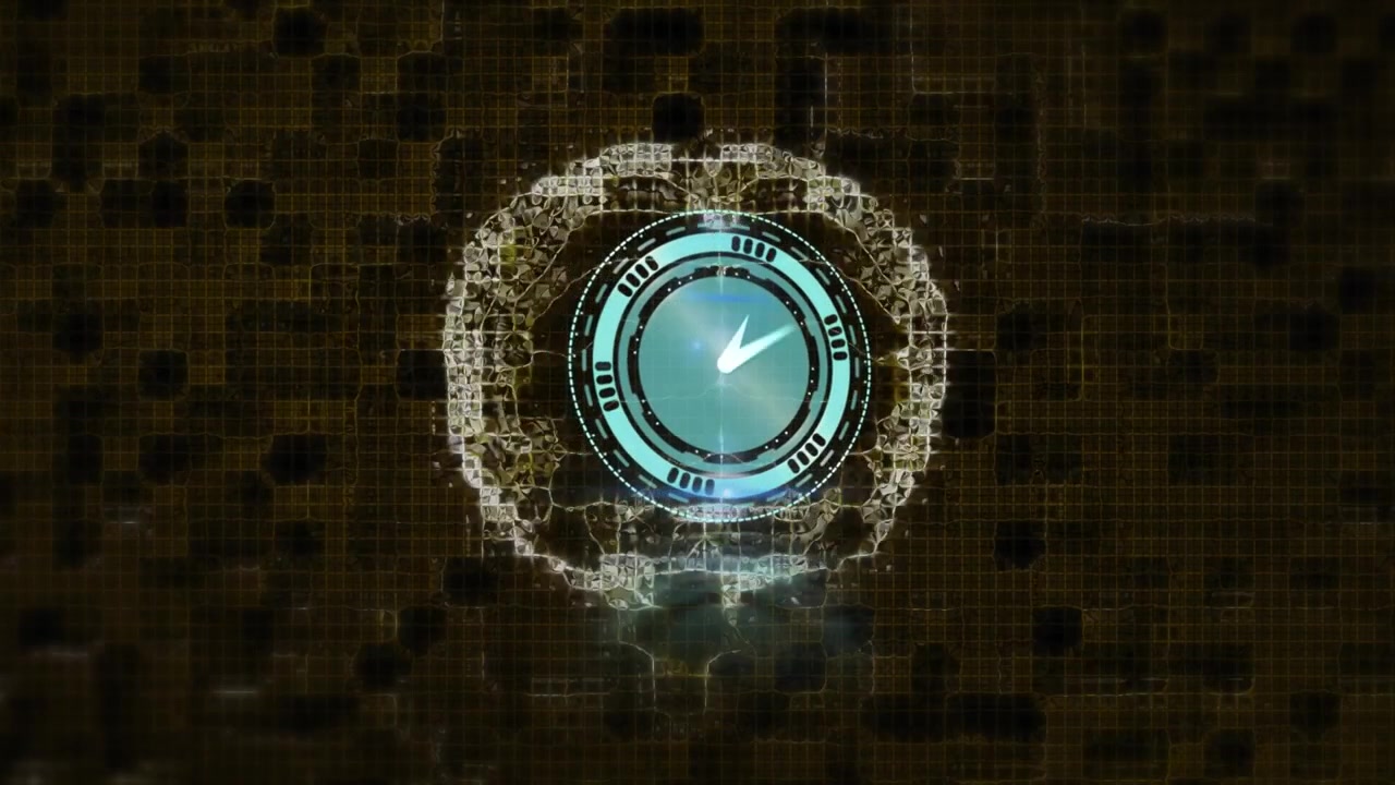 Animation of moving clock over digital brain and purple shapes on black background