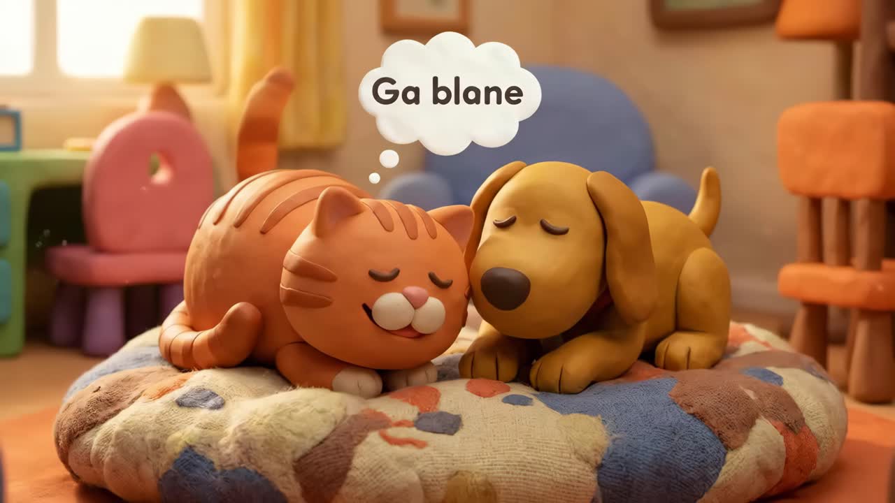 Kucing dan Anjing Claymation Lucu Tidur dengan Tenang di Atas Bantal