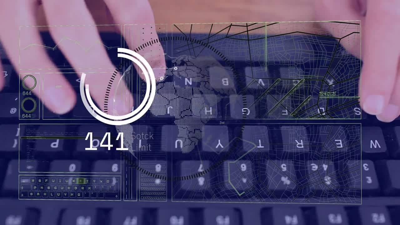 animación del procesamiento de datos financieros sobre una mujer caucásica usando el teclado de la computadora