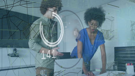 Animation of data processing over diverse business people in office